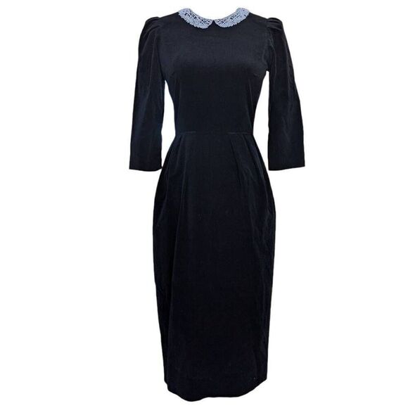 Vintage 80s 90s Jane Schaffhauser Black Velvet Formal Party Dress Crochet Size 4 - Picture 2 of 11